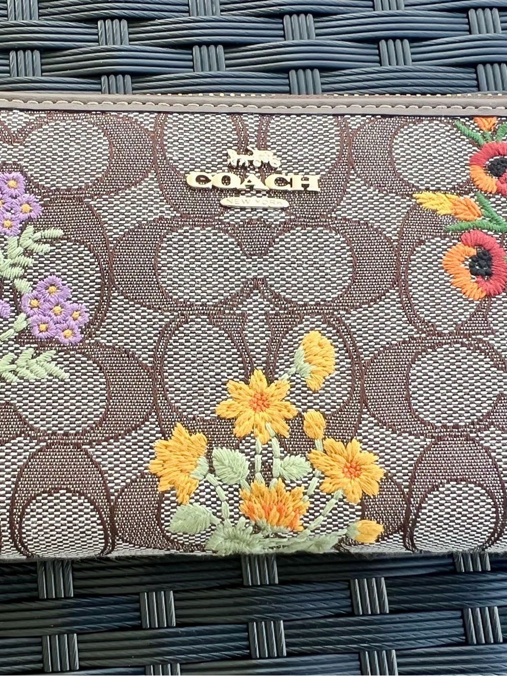 COACH Signature Floral Embroidered Zip Wallet - Brown & Yellow